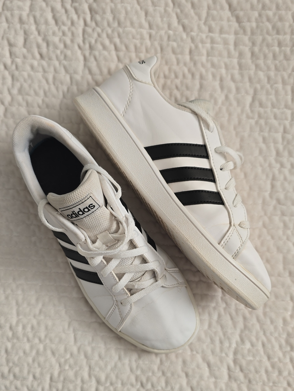adidas Unisex Grand Court White Sneakers with Black Three-Stripes